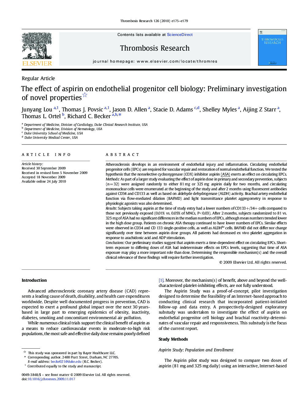 The effect of aspirin on endothelial progenitor cell biology: Preliminary investigation of novel properties 