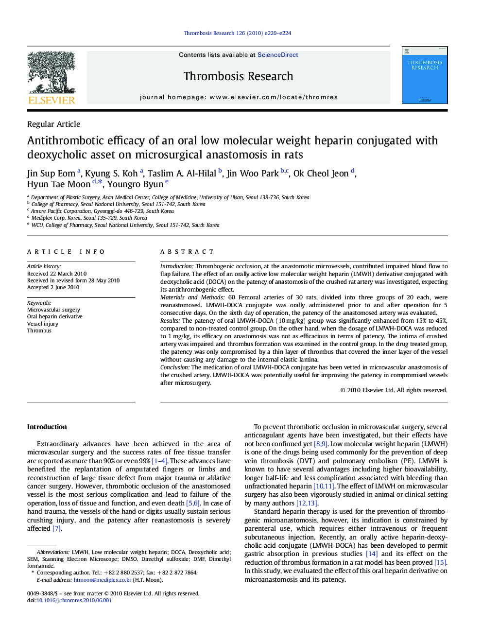 Antithrombotic efficacy of an oral low molecular weight heparin conjugated with deoxycholic asset on microsurgical anastomosis in rats