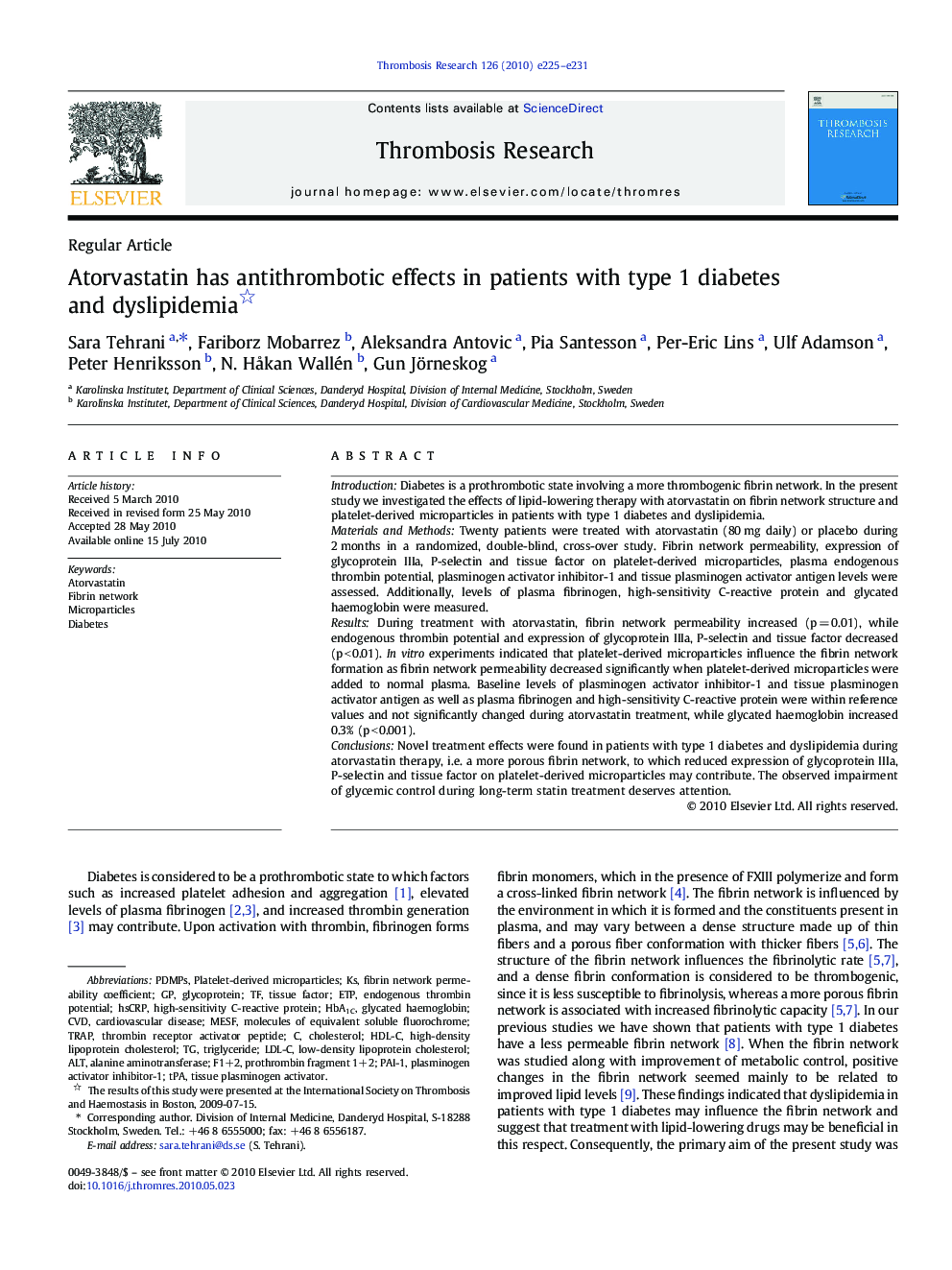 Atorvastatin has antithrombotic effects in patients with type 1 diabetes and dyslipidemia 