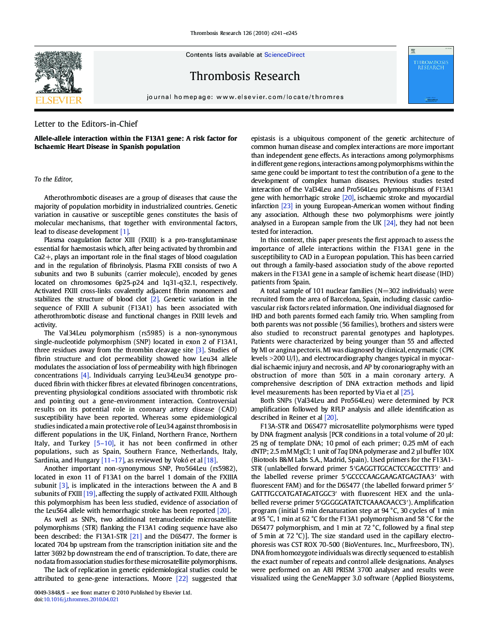 Allele-allele interaction within the F13A1 gene: A risk factor for Ischaemic Heart Disease in Spanish population