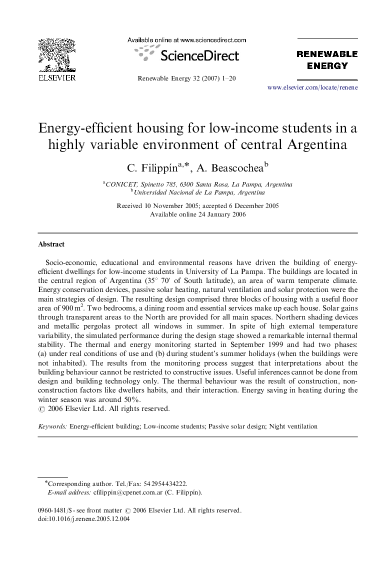 Energy-efficient housing for low-income students in a highly variable environment of central Argentina