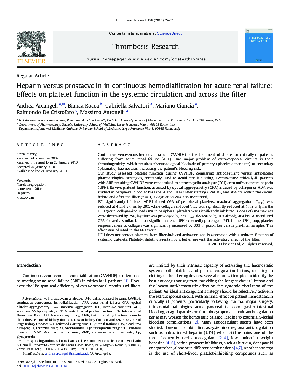 Heparin versus prostacyclin in continuous hemodiafiltration for acute renal failure: Effects on platelet function in the systemic circulation and across the filter