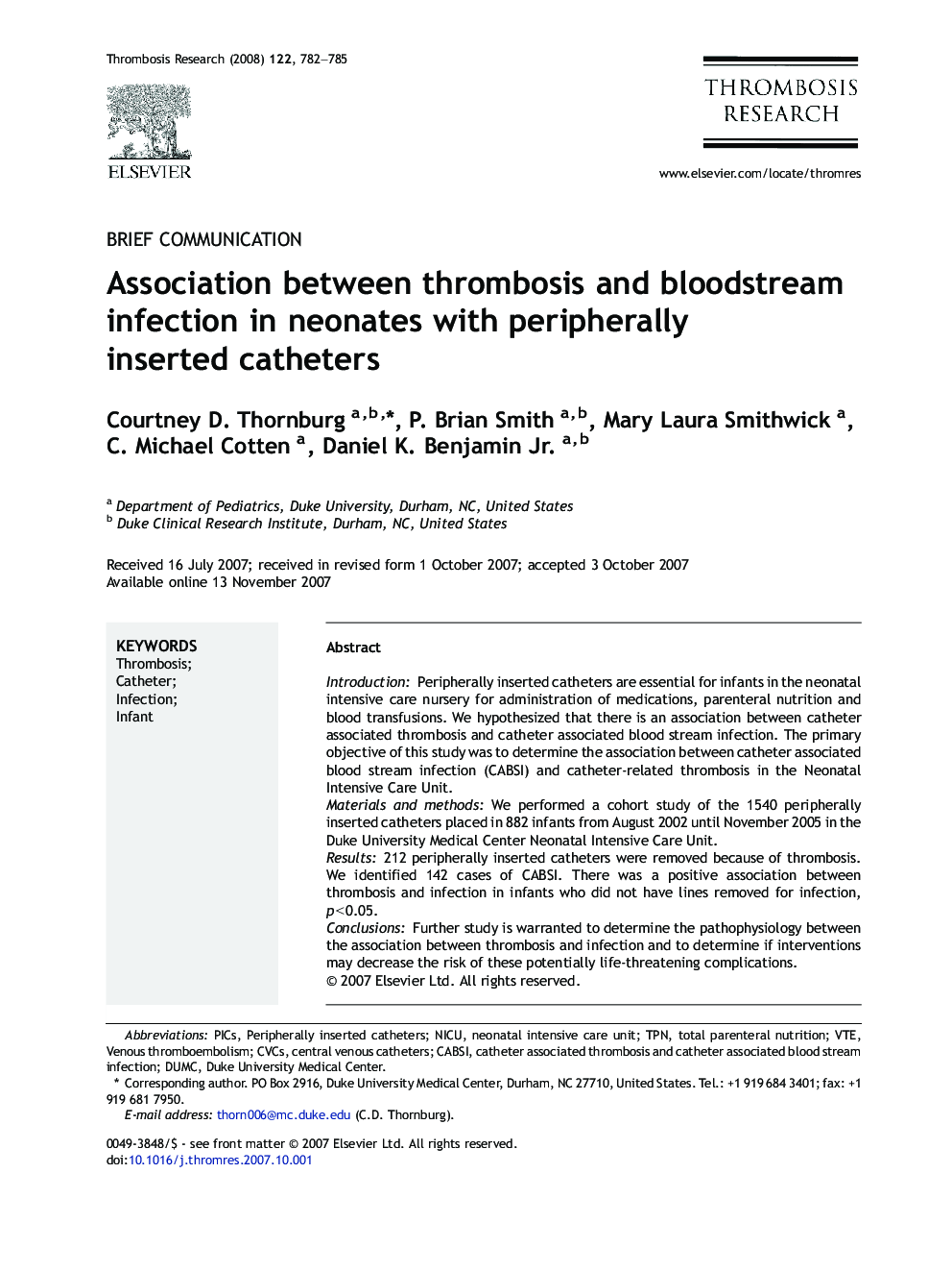 Association between thrombosis and bloodstream infection in neonates with peripherally inserted catheters