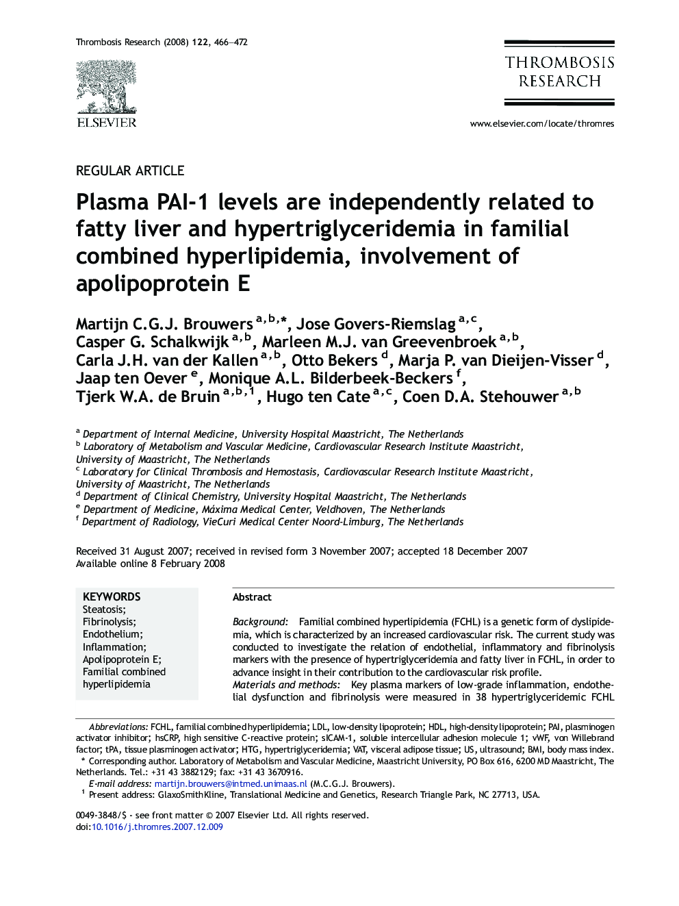 Plasma PAI-1 levels are independently related to fatty liver and hypertriglyceridemia in familial combined hyperlipidemia, involvement of apolipoprotein E