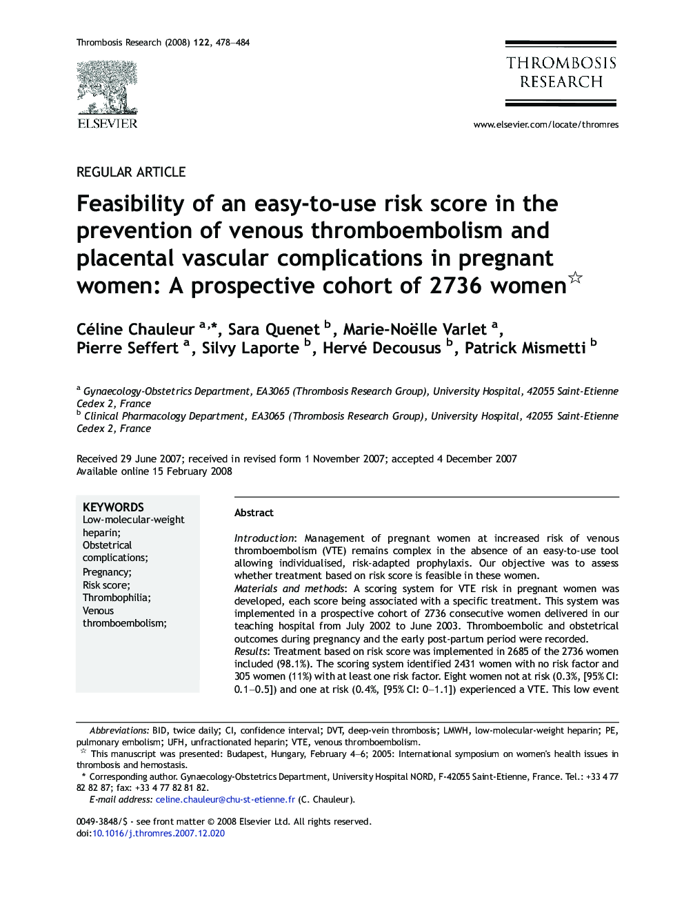 Feasibility of an easy-to-use risk score in the prevention of venous thromboembolism and placental vascular complications in pregnant women: A prospective cohort of 2736 women 