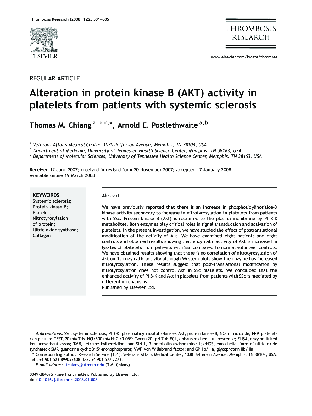 Alteration in protein kinase B (AKT) activity in platelets from patients with systemic sclerosis