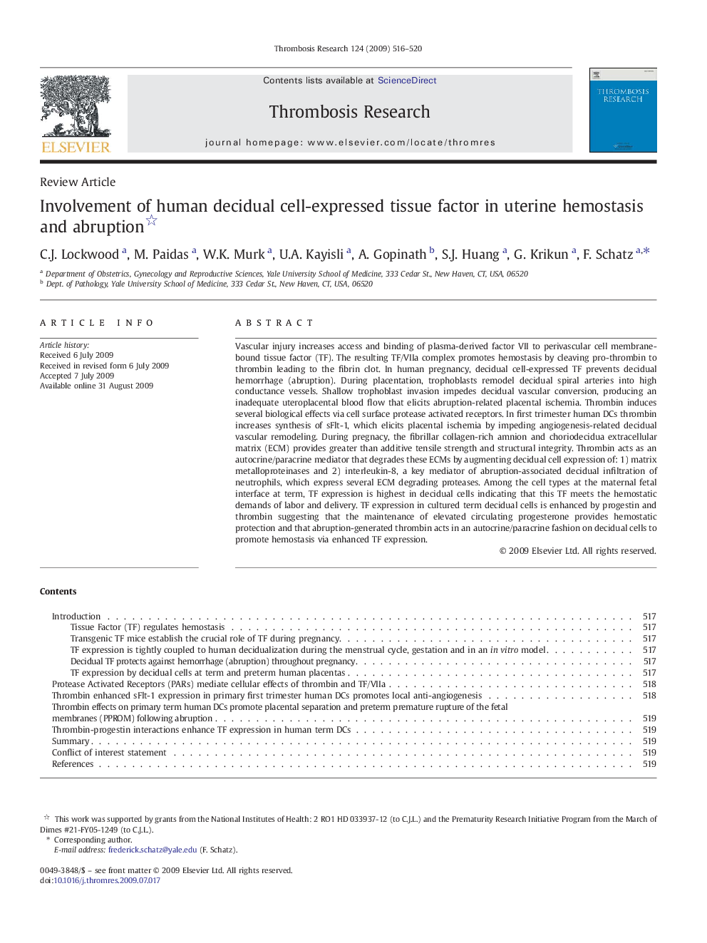 Involvement of human decidual cell-expressed tissue factor in uterine hemostasis and abruption 