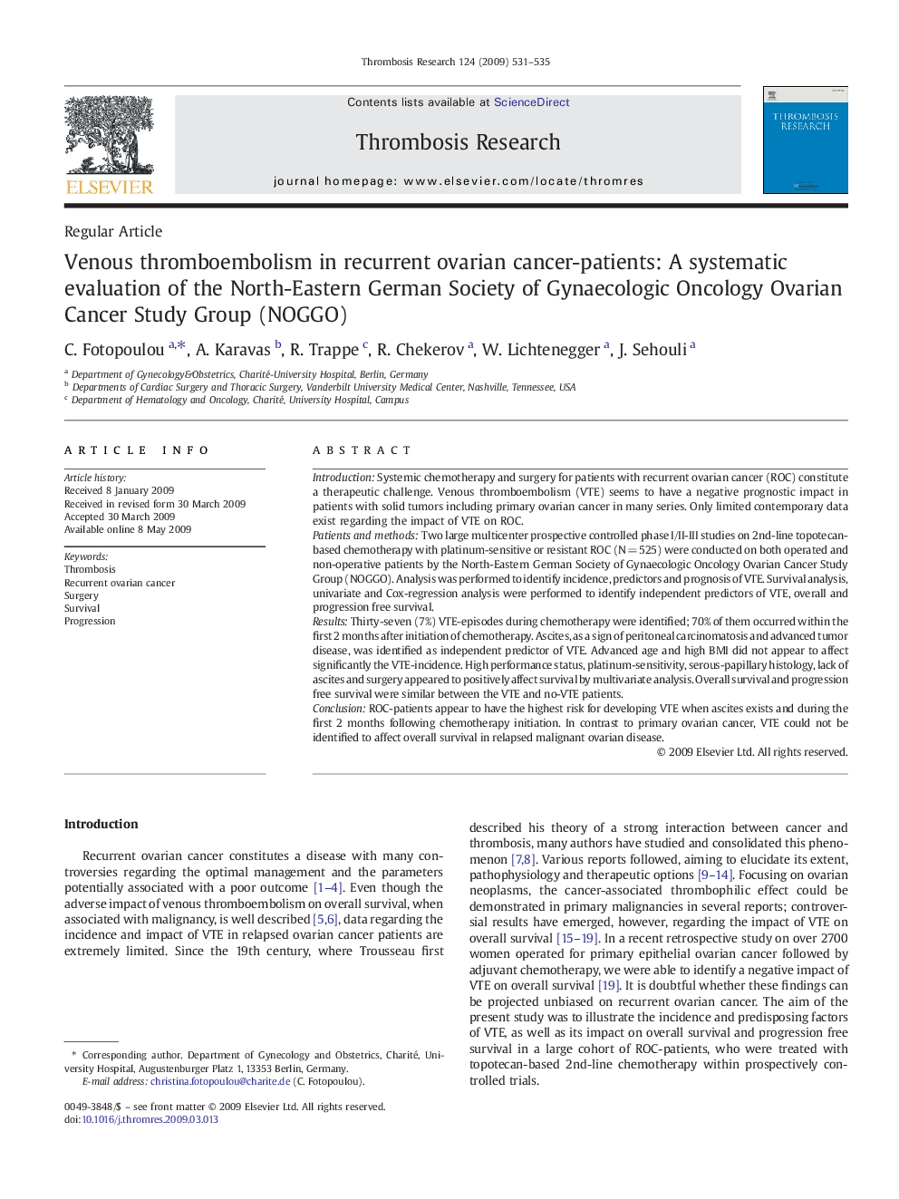 Venous thromboembolism in recurrent ovarian cancer-patients: A systematic evaluation of the North-Eastern German Society of Gynaecologic Oncology Ovarian Cancer Study Group (NOGGO)