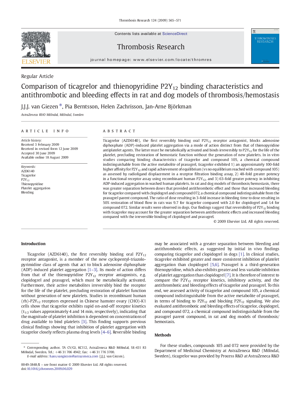 Comparison of ticagrelor and thienopyridine P2Y12 binding characteristics and antithrombotic and bleeding effects in rat and dog models of thrombosis/hemostasis