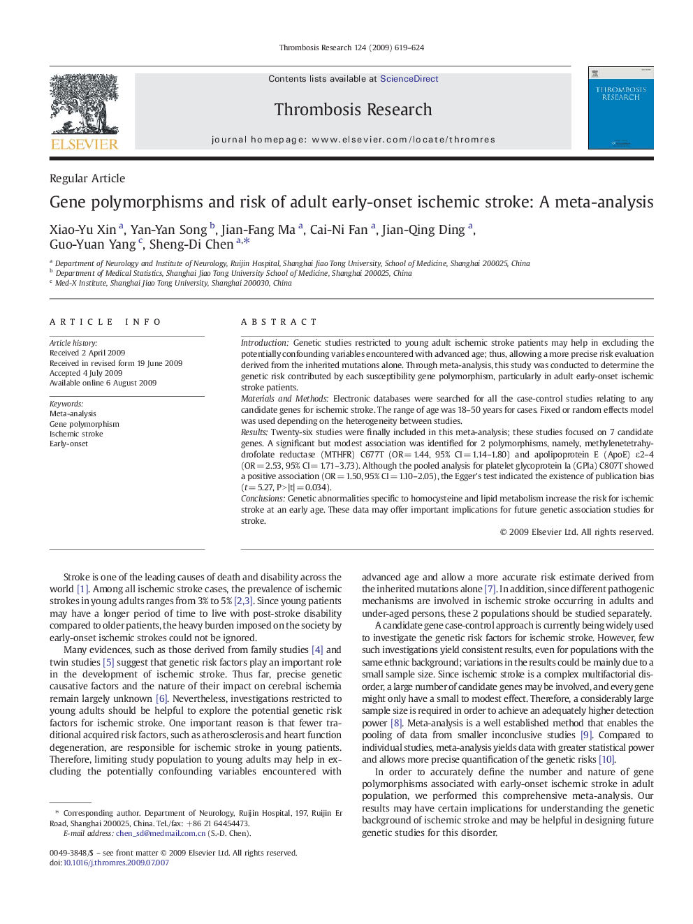 Gene polymorphisms and risk of adult early-onset ischemic stroke: A meta-analysis