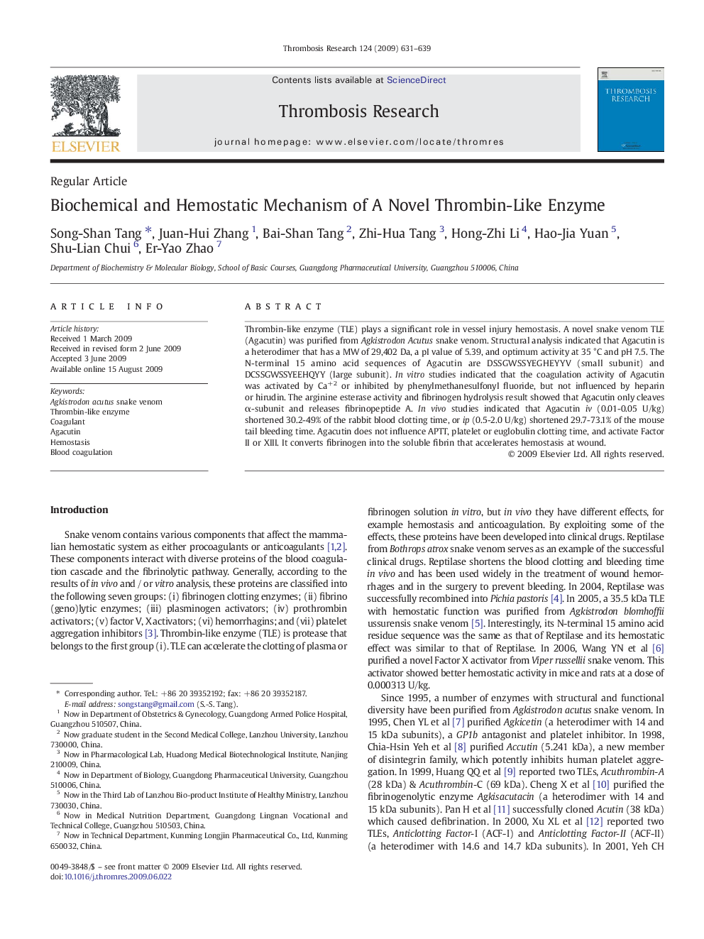 Biochemical and Hemostatic Mechanism of A Novel Thrombin-Like Enzyme