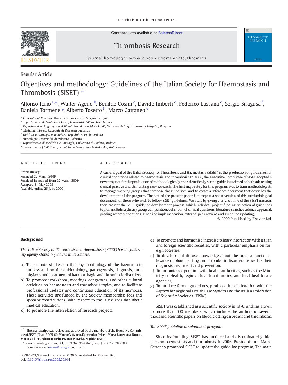 Objectives and methodology: Guidelines of the Italian Society for Haemostasis and Thrombosis (SISET) 