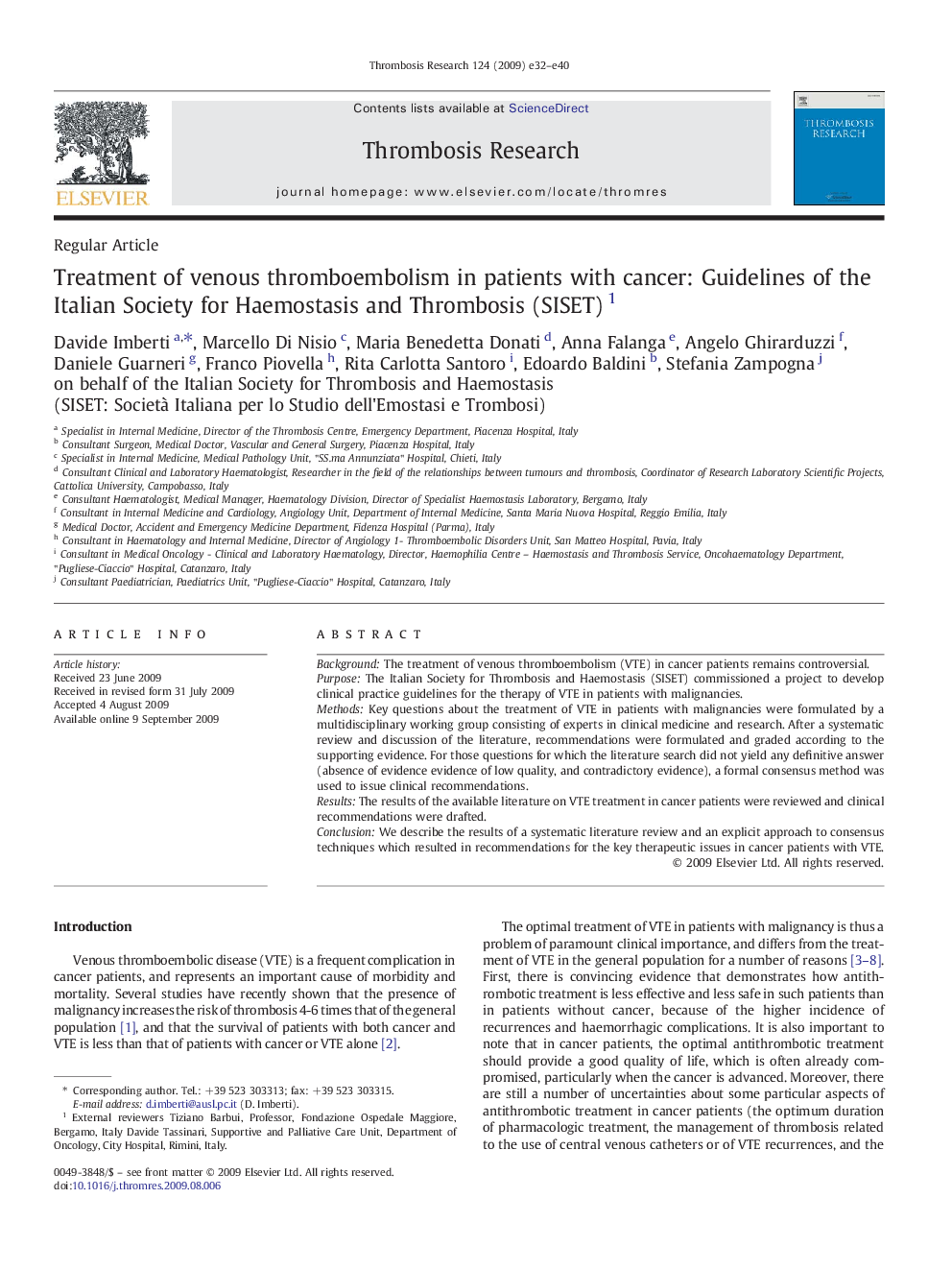Treatment of venous thromboembolism in patients with cancer: Guidelines of the Italian Society for Haemostasis and Thrombosis (SISET)1