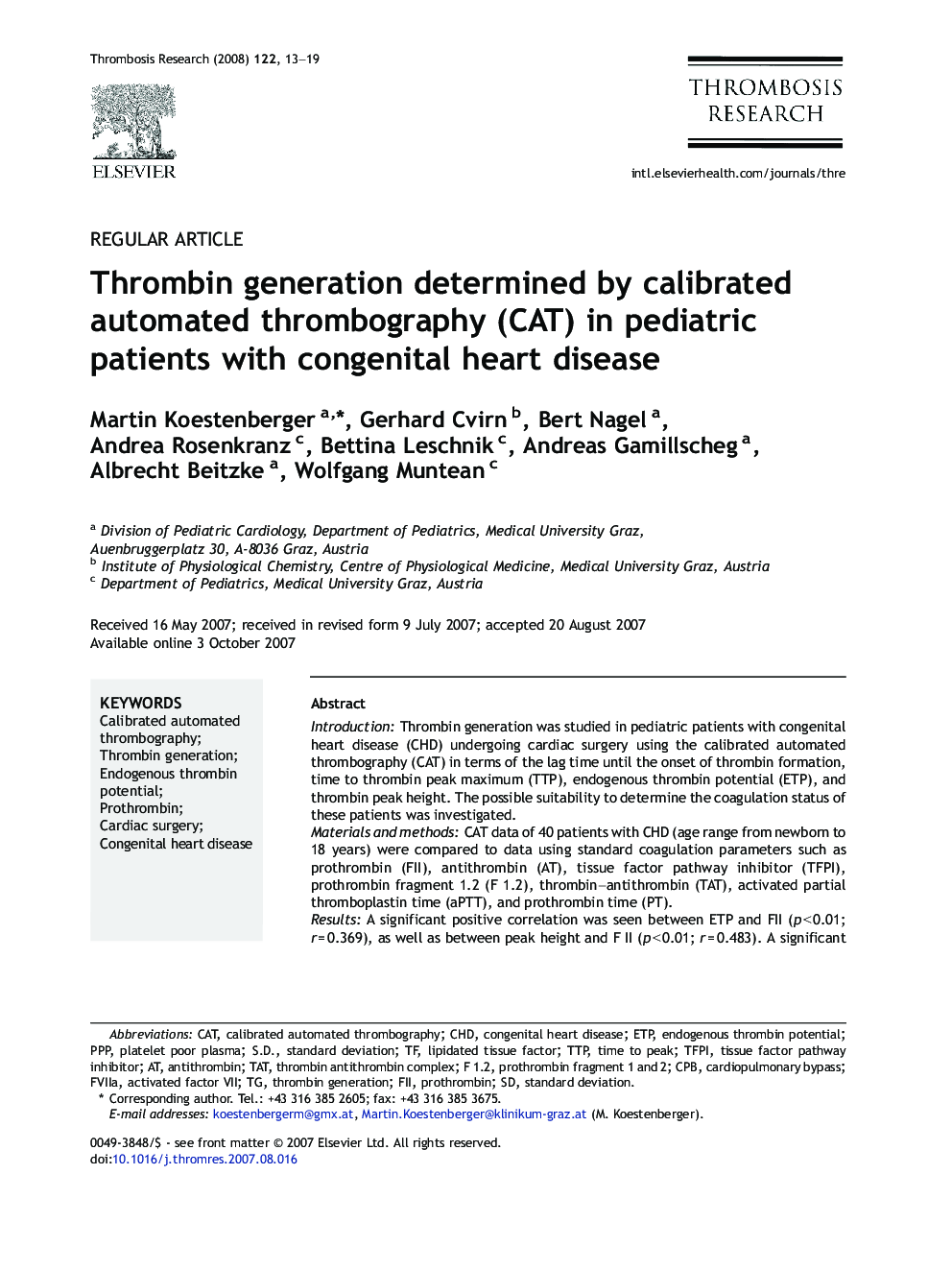 Thrombin generation determined by calibrated automated thrombography (CAT) in pediatric patients with congenital heart disease