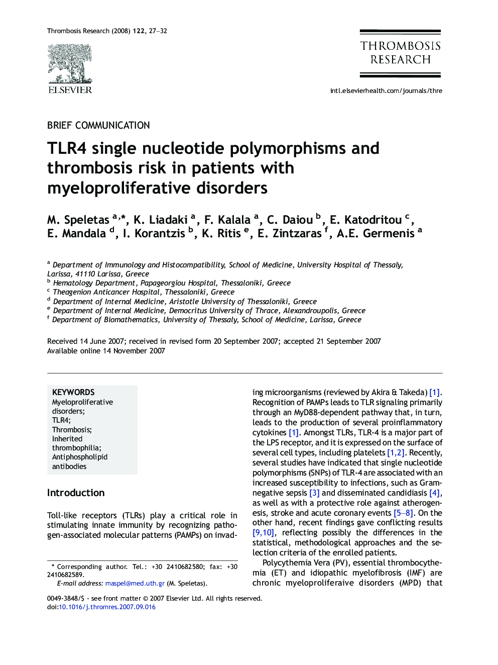 TLR4 single nucleotide polymorphisms and thrombosis risk in patients with myeloproliferative disorders