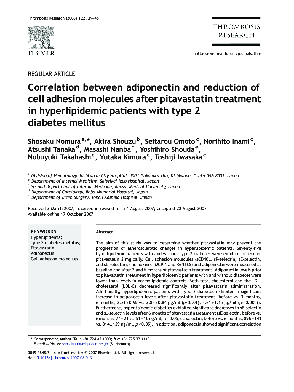 Correlation between adiponectin and reduction of cell adhesion molecules after pitavastatin treatment in hyperlipidemic patients with type 2 diabetes mellitus