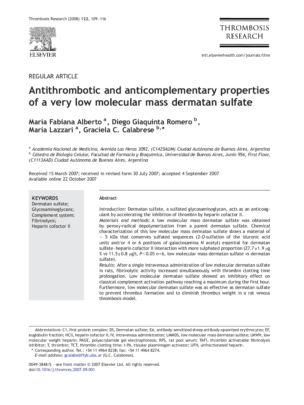 Antithrombotic and anticomplementary properties of a very low molecular mass dermatan sulfate