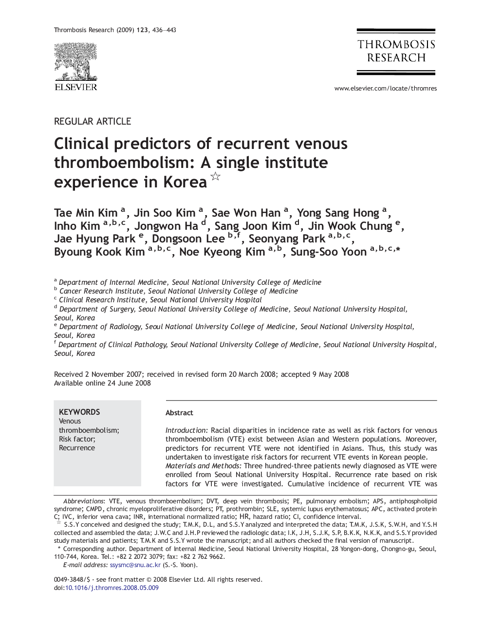 Clinical predictors of recurrent venous thromboembolism: A single institute experience in Korea 