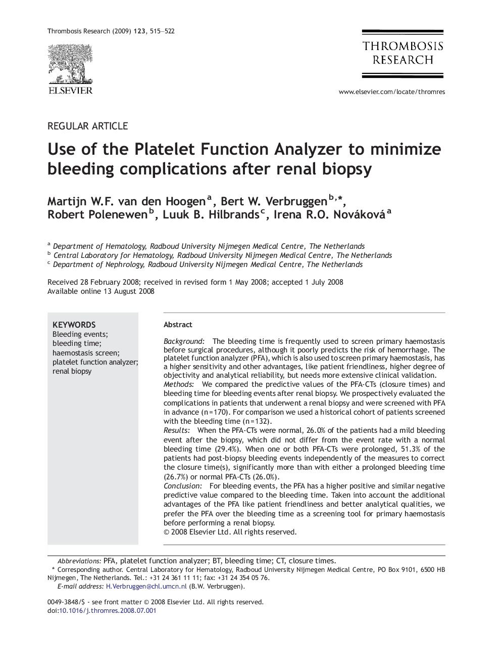 Use of the Platelet Function Analyzer to minimize bleeding complications after renal biopsy