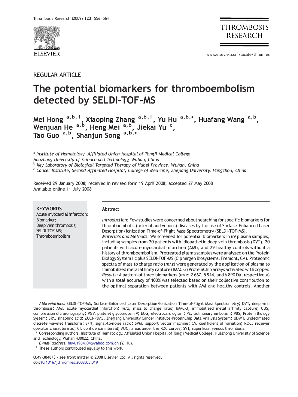 The potential biomarkers for thromboembolism detected by SELDI-TOF-MS