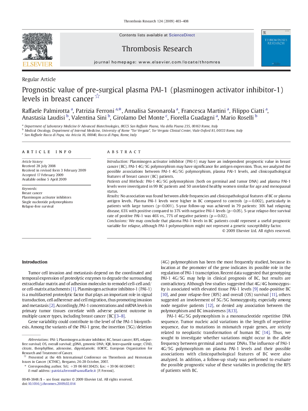 Prognostic value of pre-surgical plasma PAI-1 (plasminogen activator inhibitor-1) levels in breast cancer 