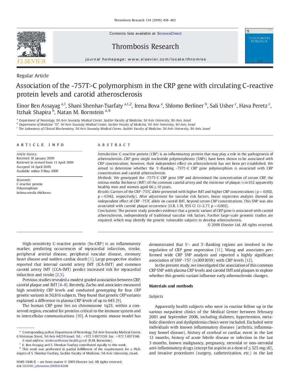 Association of the -757T>C polymorphism in the CRP gene with circulating C-reactive protein levels and carotid atherosclerosis