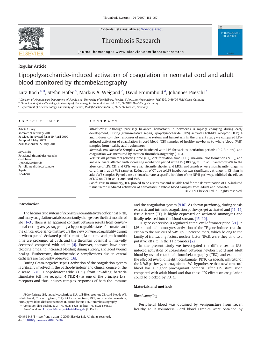 Lipopolysaccharide-induced activation of coagulation in neonatal cord and adult blood monitored by thrombelastography