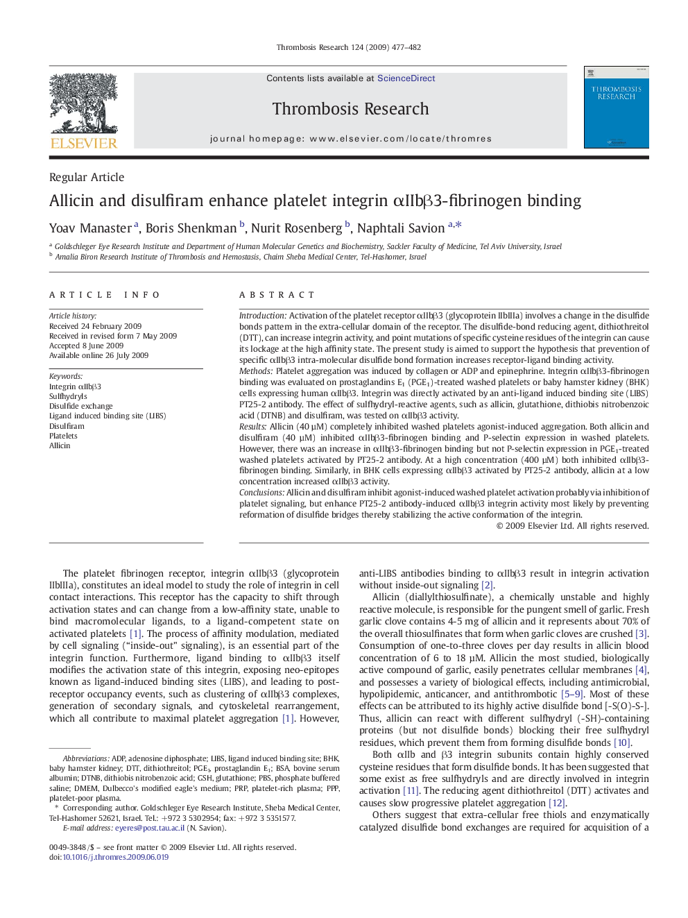 Allicin and disulfiram enhance platelet integrin αIIbβ3-fibrinogen binding