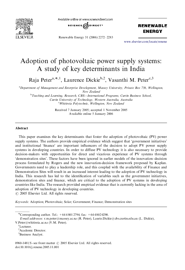 Adoption of photovoltaic power supply systems: A study of key determinants in India