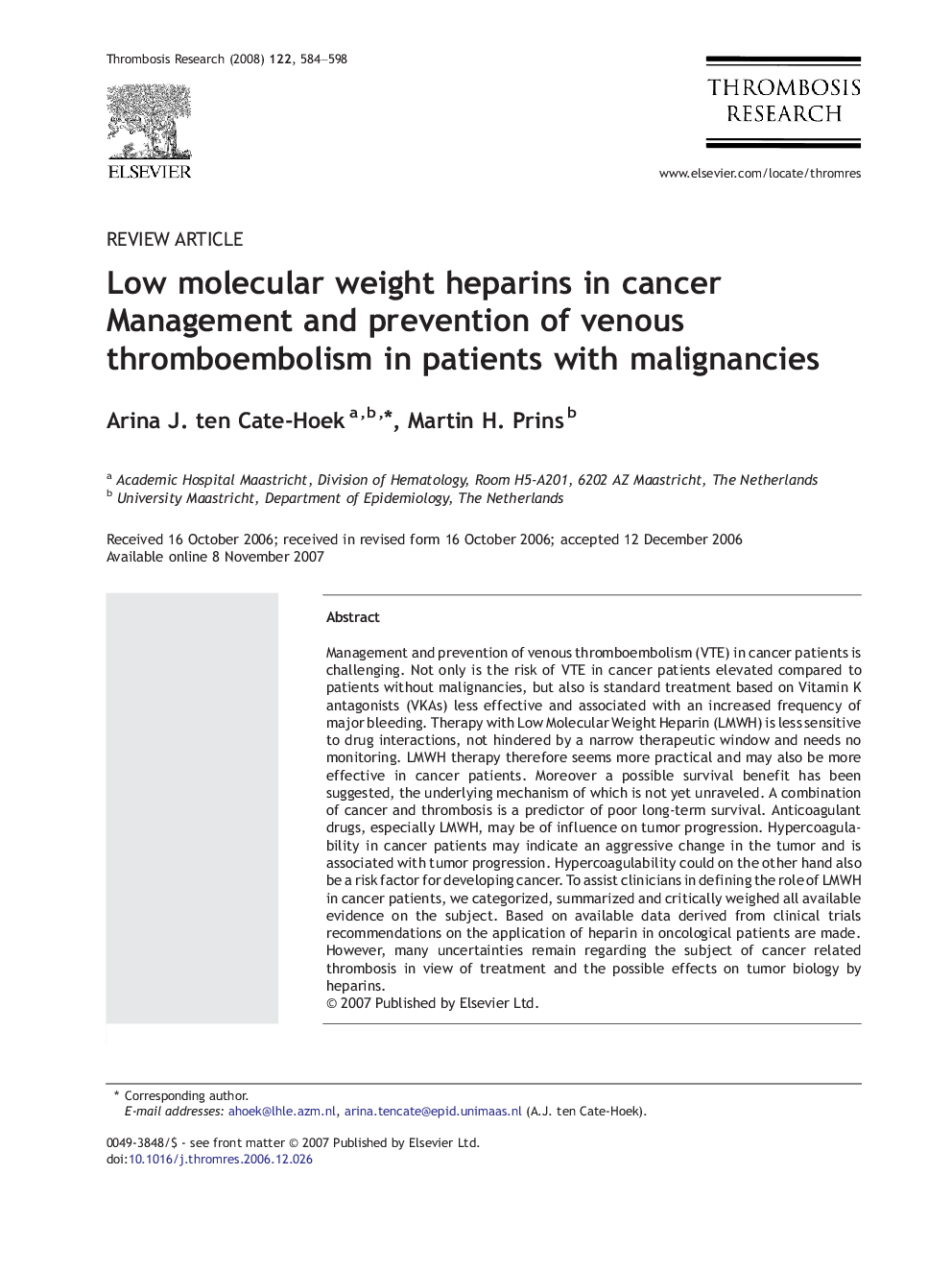 Low molecular weight heparins in cancer: Management and prevention of venous thromboembolism in patients with malignancies