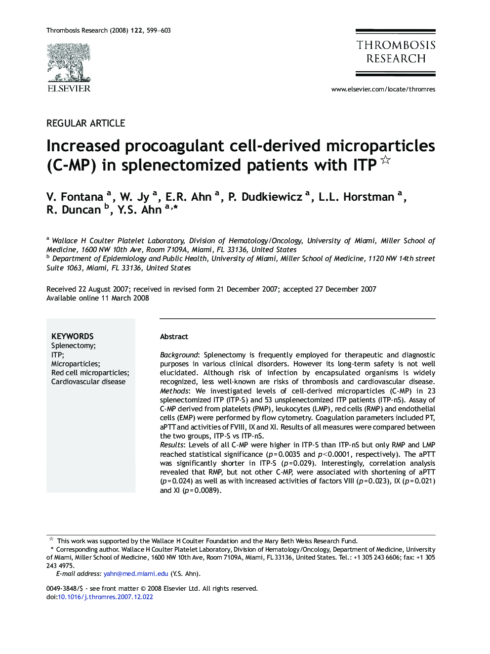 Increased procoagulant cell-derived microparticles (C-MP) in splenectomized patients with ITP 