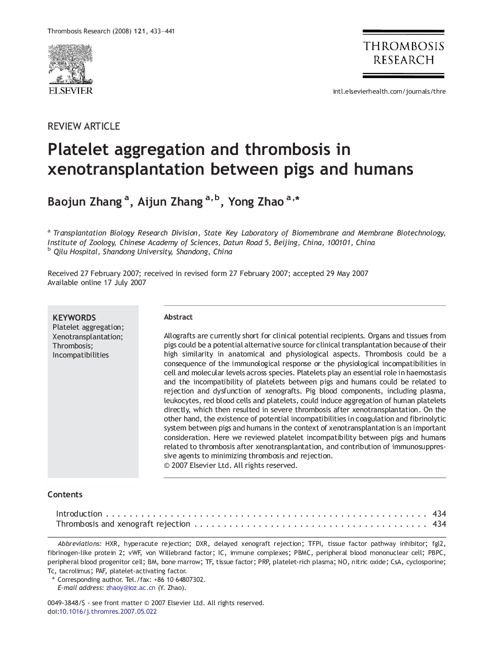 Platelet aggregation and thrombosis in xenotransplantation between pigs and humans