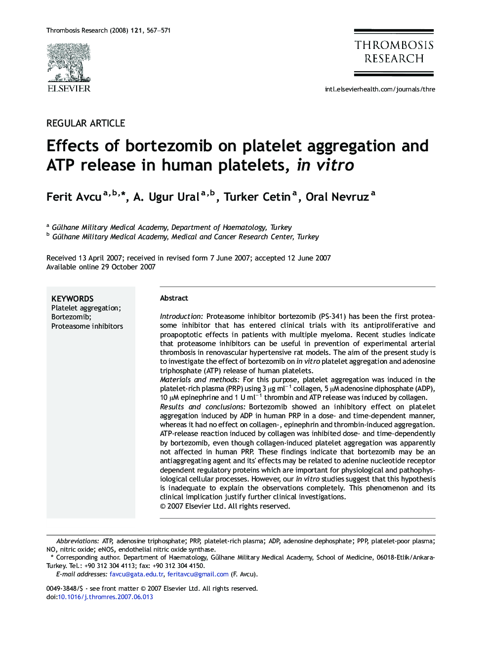 Effects of bortezomib on platelet aggregation and ATP release in human platelets, in vitro