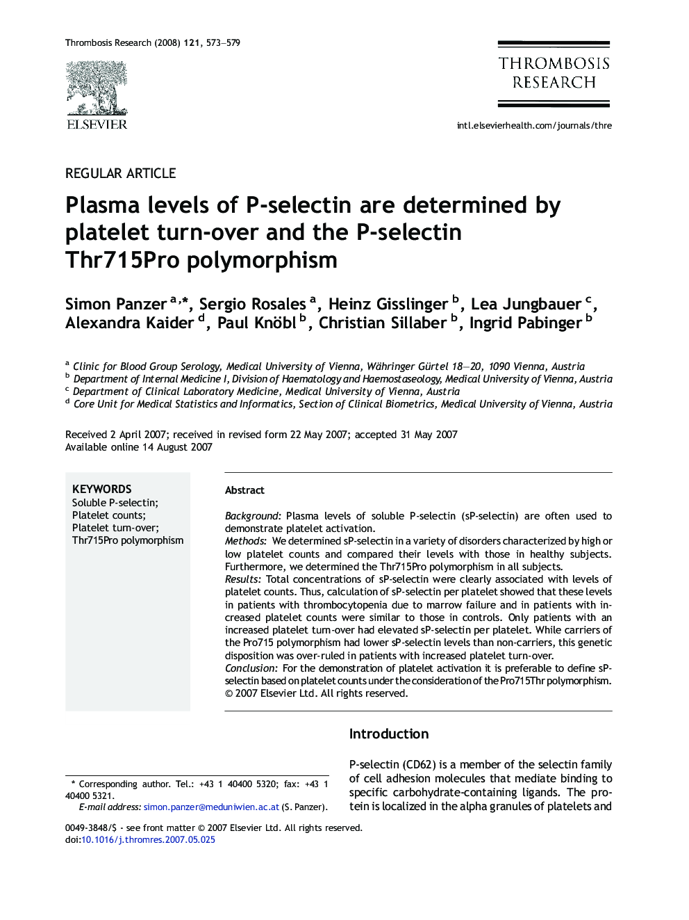 Plasma levels of P-selectin are determined by platelet turn-over and the P-selectin Thr715Pro polymorphism