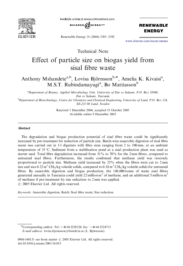 Effect of particle size on biogas yield from sisal fibre waste