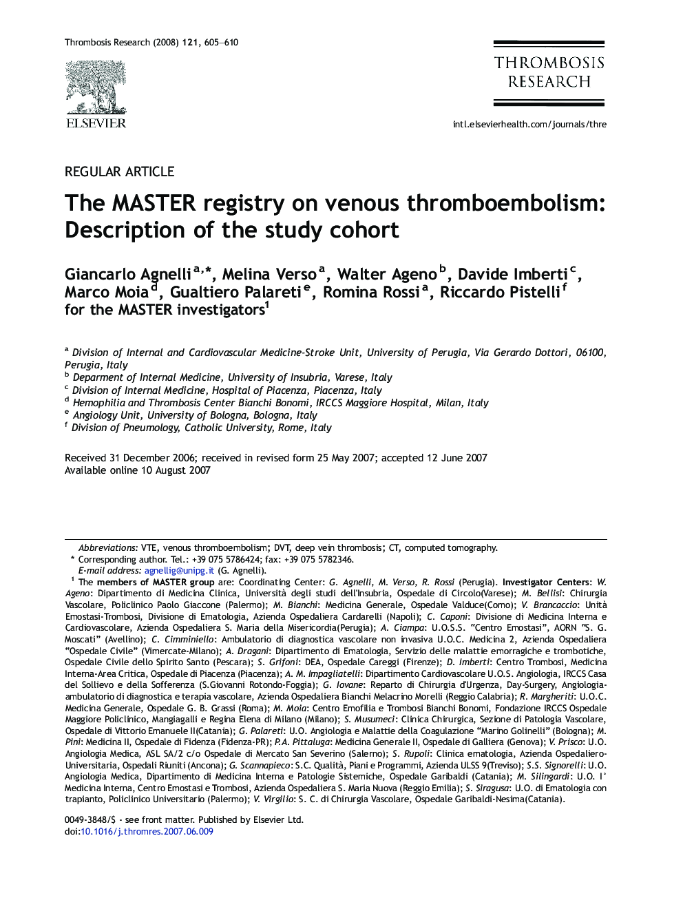 The MASTER registry on venous thromboembolism: Description of the study cohort