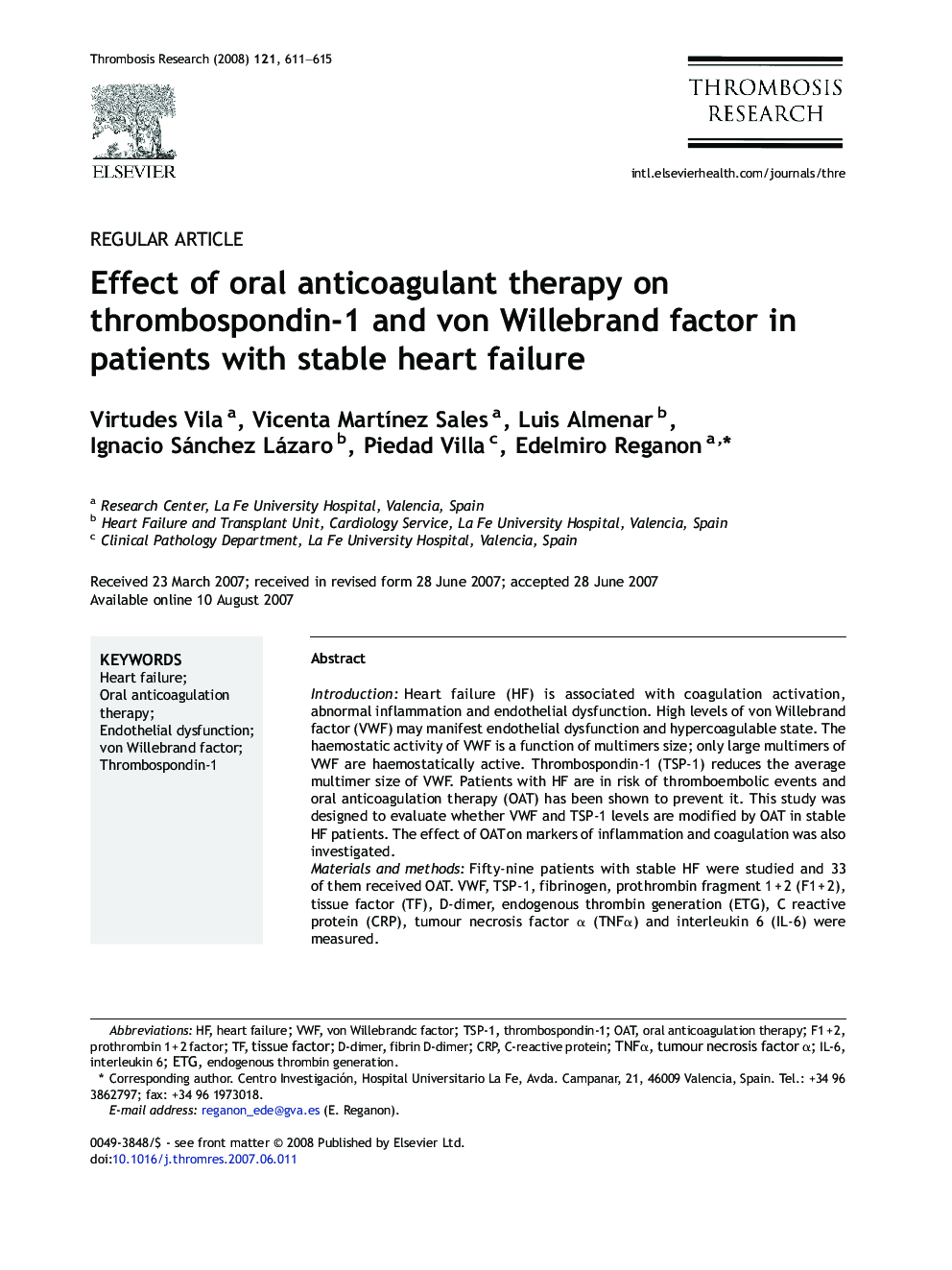Effect of oral anticoagulant therapy on thrombospondin-1 and von Willebrand factor in patients with stable heart failure