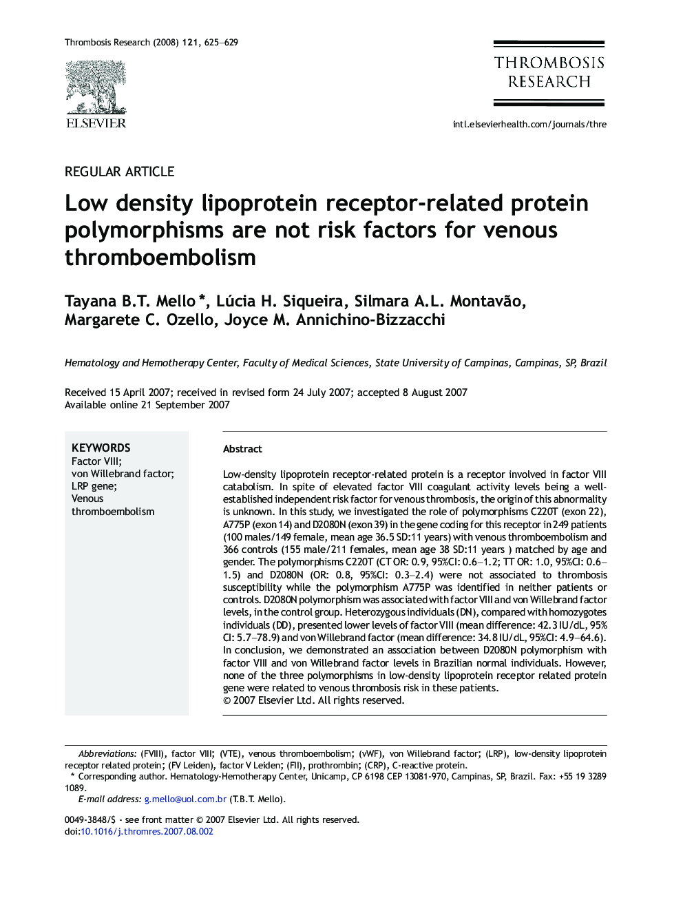 Low density lipoprotein receptor-related protein polymorphisms are not risk factors for venous thromboembolism