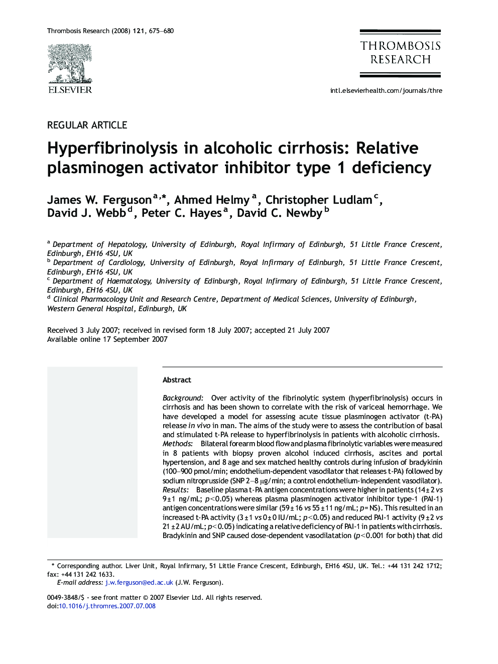 Hyperfibrinolysis in alcoholic cirrhosis: Relative plasminogen activator inhibitor type 1 deficiency
