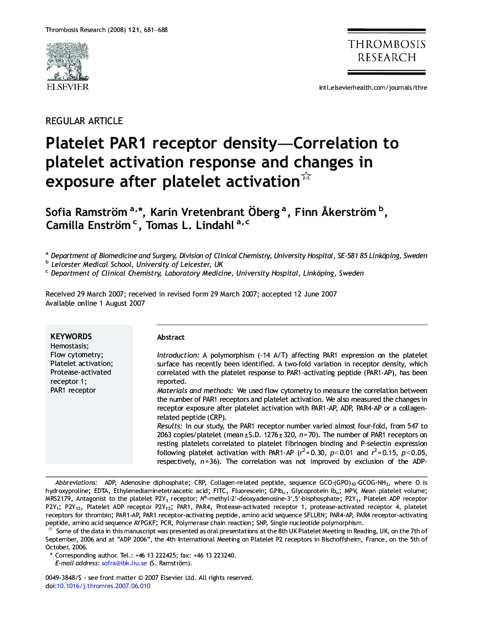 Platelet PAR1 receptor density-Correlation to platelet activation response and changes in exposure after platelet activation