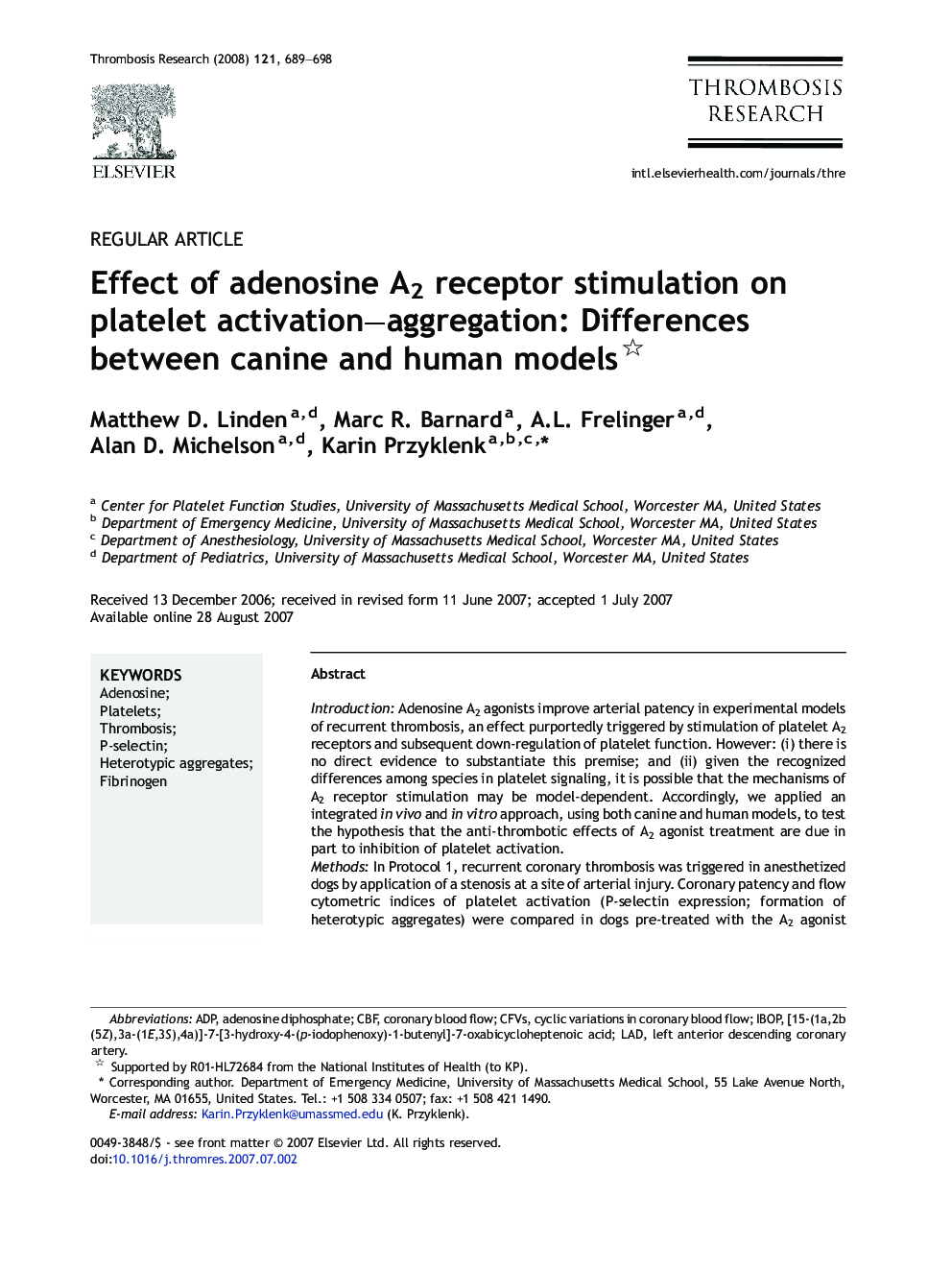 Effect of adenosine A2 receptor stimulation on platelet activation–aggregation: Differences between canine and human models 