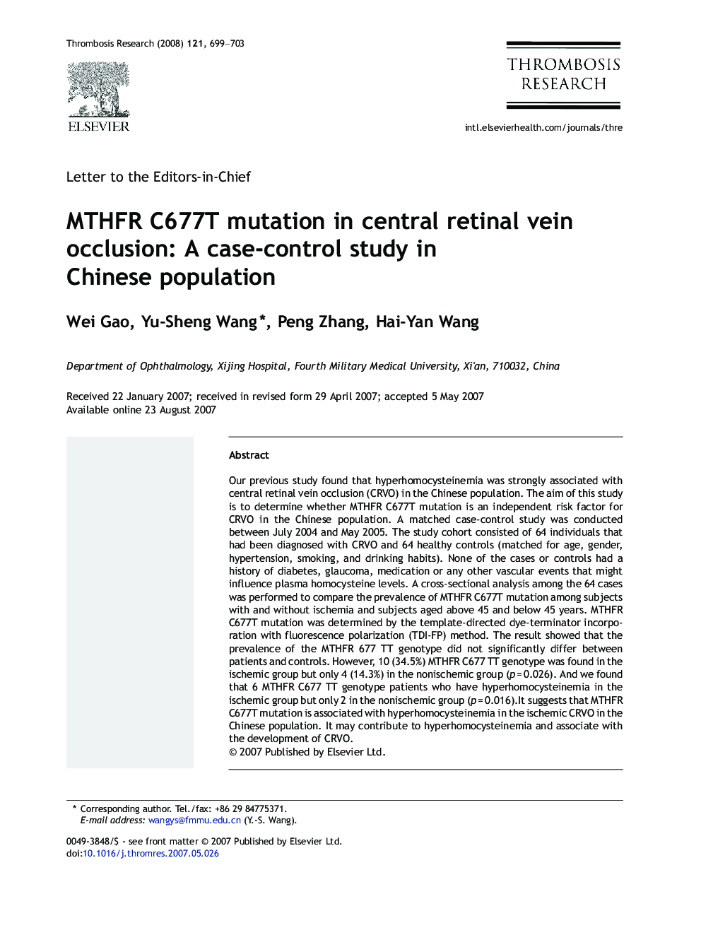 MTHFR C677T mutation in central retinal vein occlusion: A case-control study in Chinese population