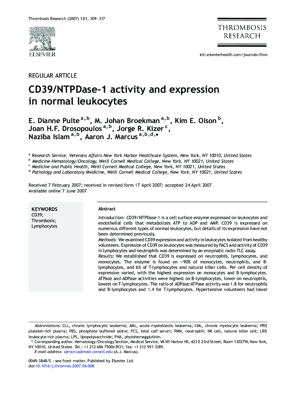 CD39/NTPDase-1 activity and expression in normal leukocytes