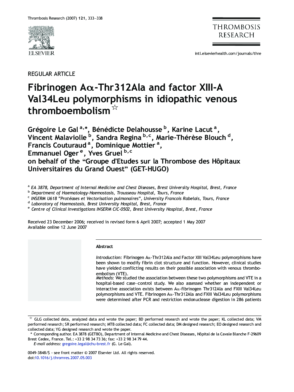 Fibrinogen Aα-Thr312Ala and factor XIII-A Val34Leu polymorphisms in idiopathic venous thromboembolism 