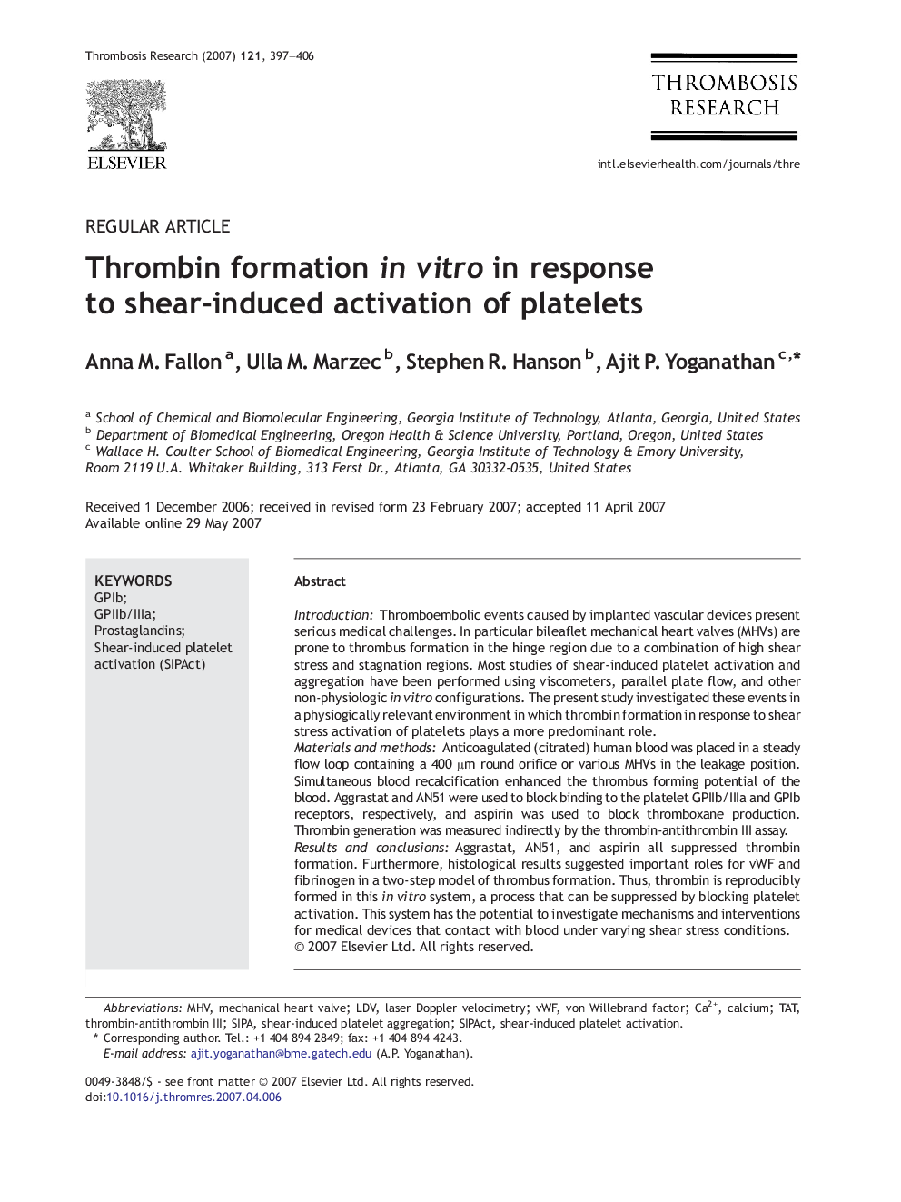 Thrombin formation in vitro in response to shear-induced activation of platelets