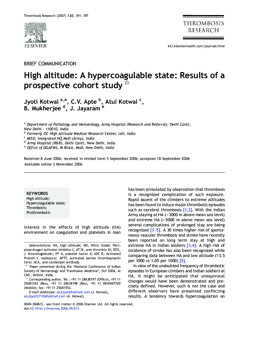 High altitude: A hypercoagulable state: Results of a prospective cohort study