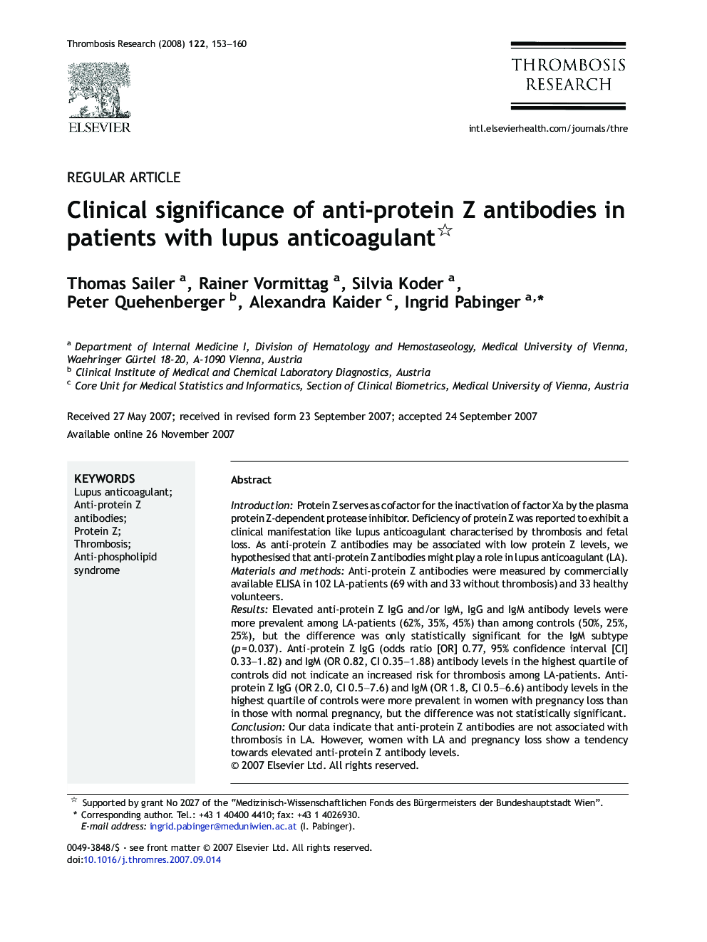 Clinical significance of anti-protein Z antibodies in patients with lupus anticoagulant