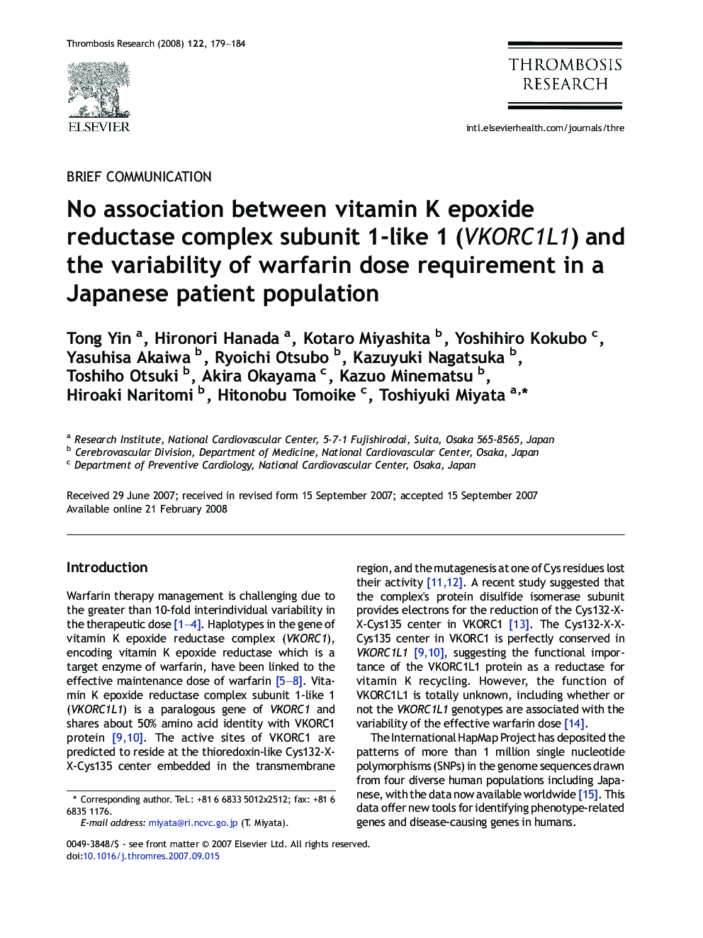 No association between vitamin K epoxide reductase complex subunit 1-like 1 (VKORC1L1) and the variability of warfarin dose requirement in a Japanese patient population