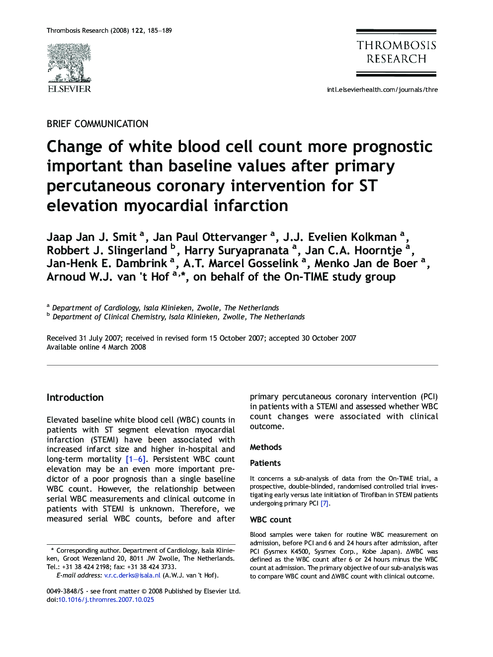 Change of white blood cell count more prognostic important than baseline values after primary percutaneous coronary intervention for ST elevation myocardial infarction