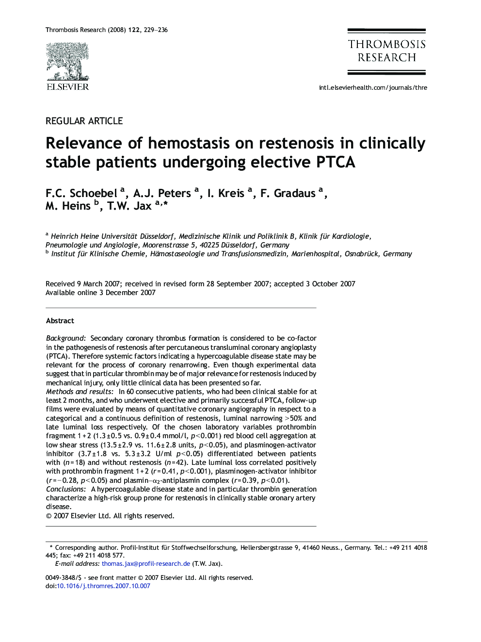 Relevance of hemostasis on restenosis in clinically stable patients undergoing elective PTCA